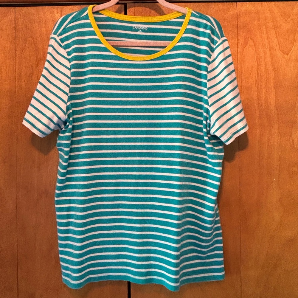 Lands' End Blue and White Striped Tee with Yellow Trim